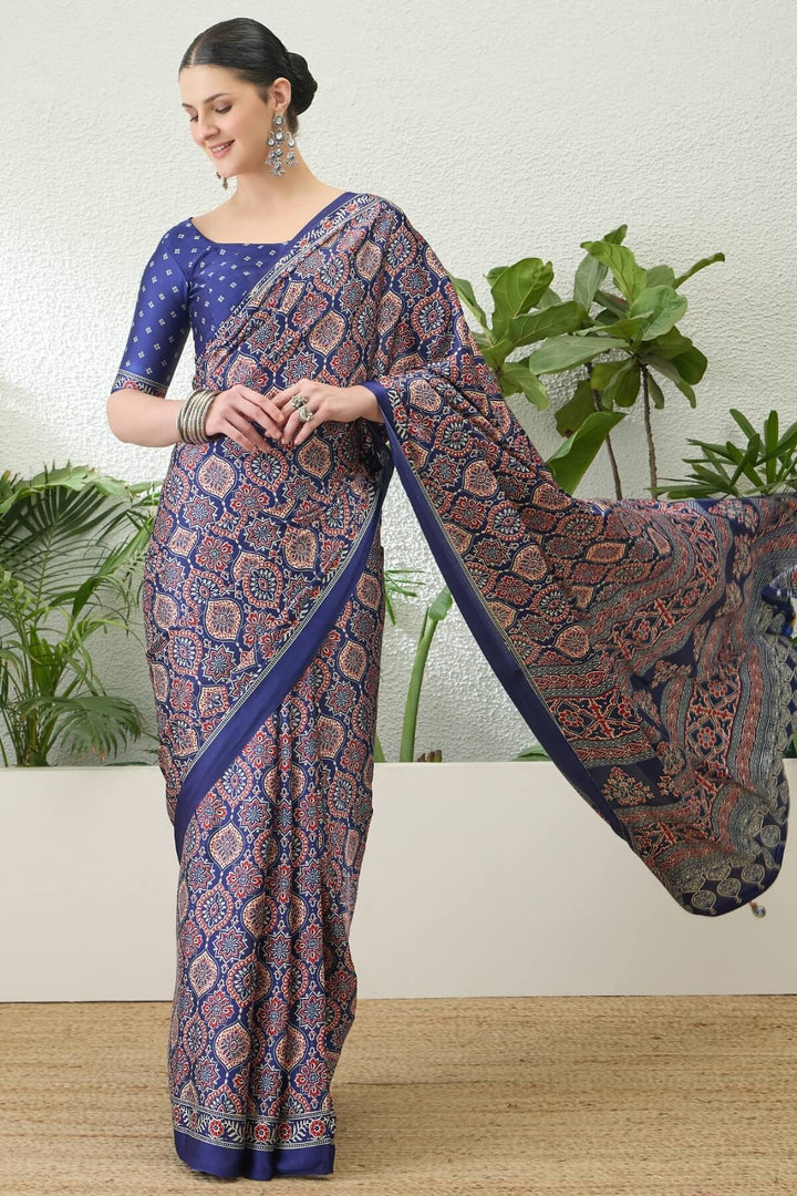 Twilight Blue Printed Satin Silk Saree