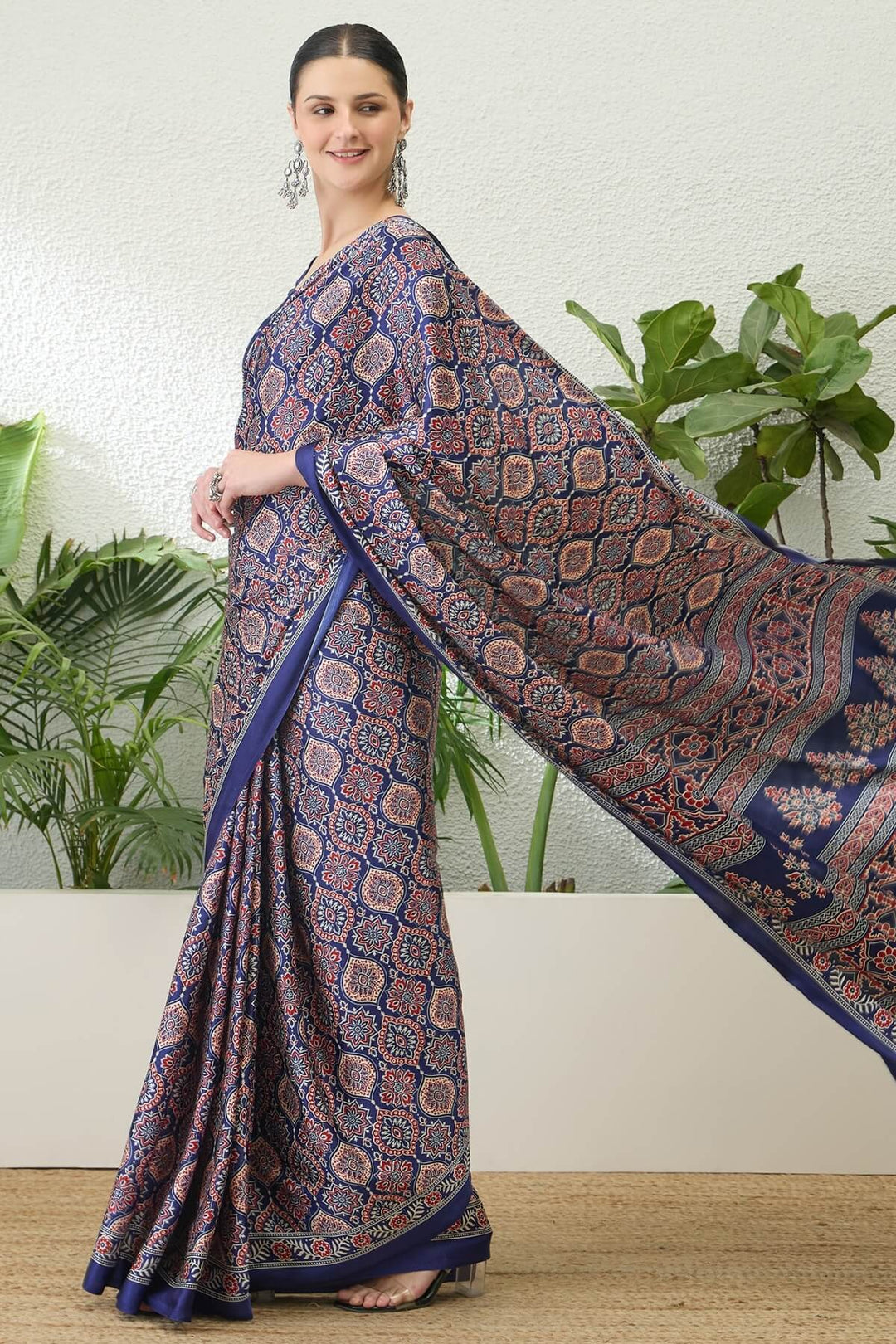 Twilight Blue Printed Satin Silk Saree