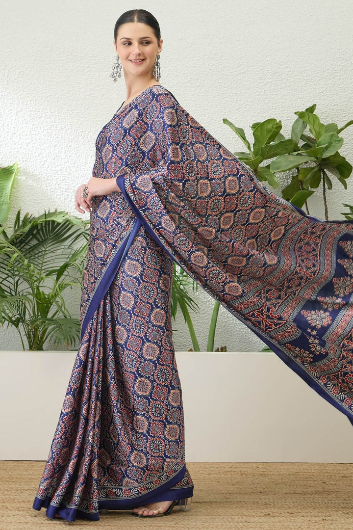 Twilight Blue Printed Satin Silk Saree