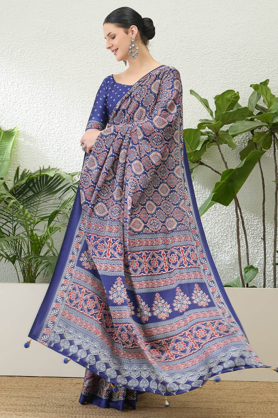 Twilight Blue Printed Satin Silk Saree