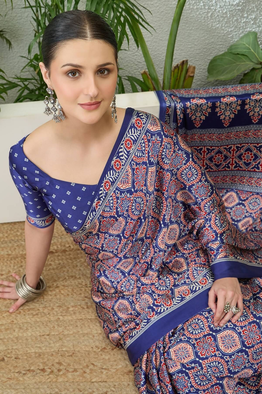 Twilight Blue Printed Satin Silk Saree