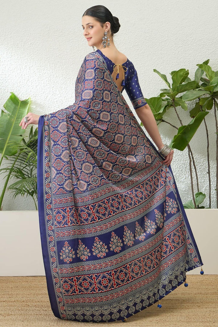 Twilight Blue Printed Satin Silk Saree