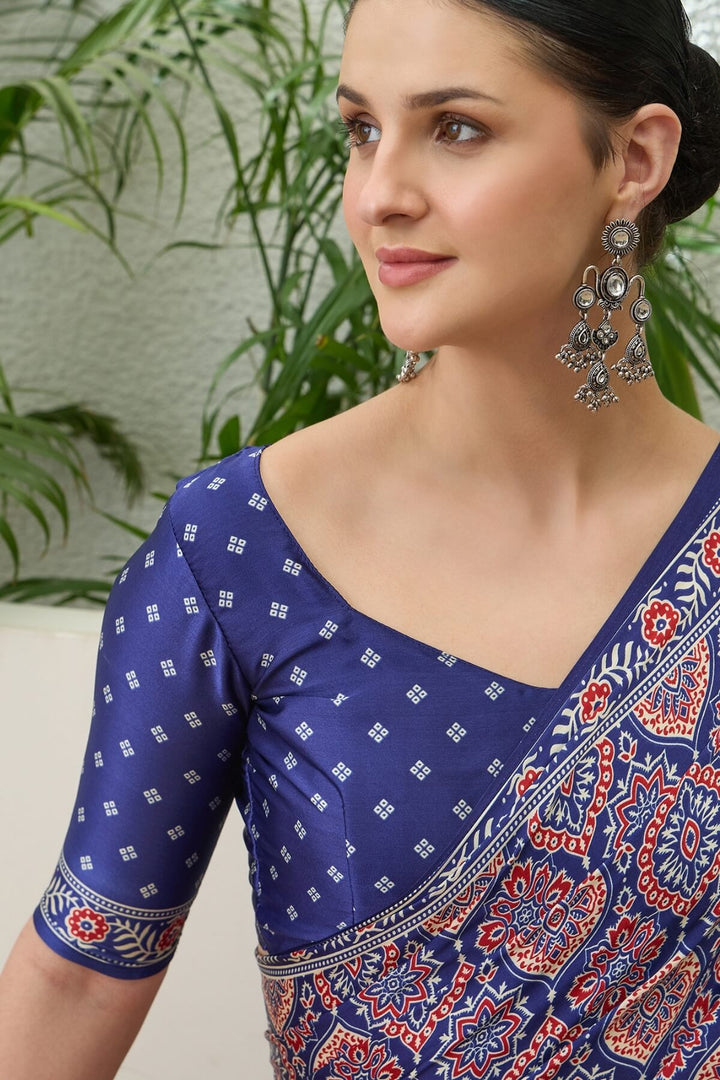 Twilight Blue Printed Satin Silk Saree