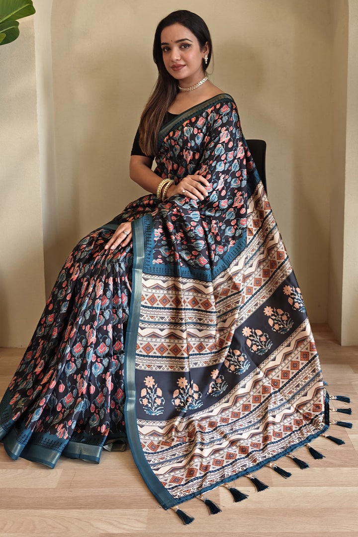 Twilight Blue Printed Viscos Dola Silk Saree