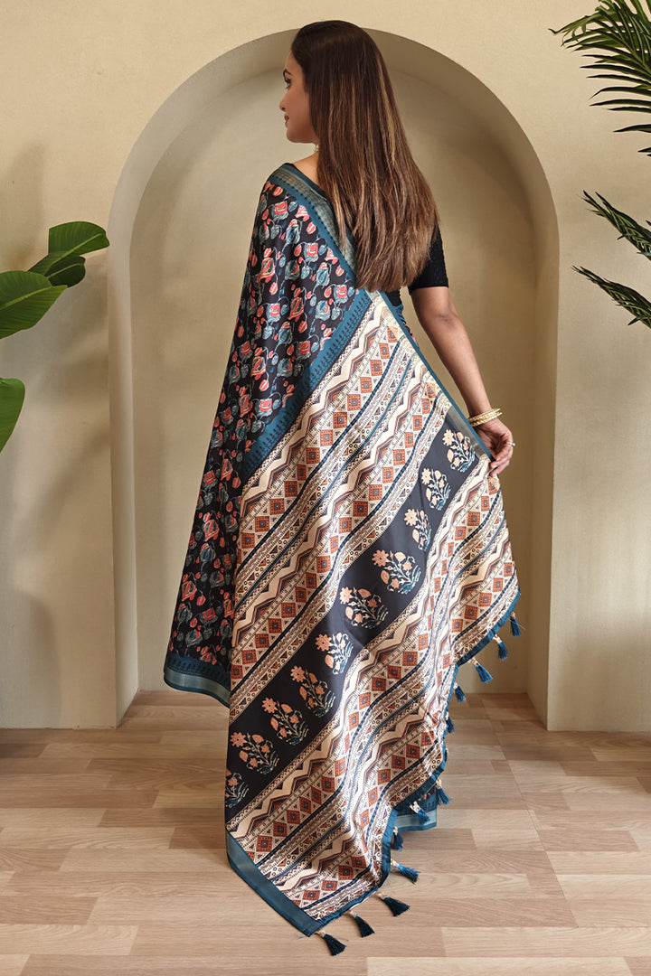 Twilight Blue Printed Viscos Dola Silk Saree
