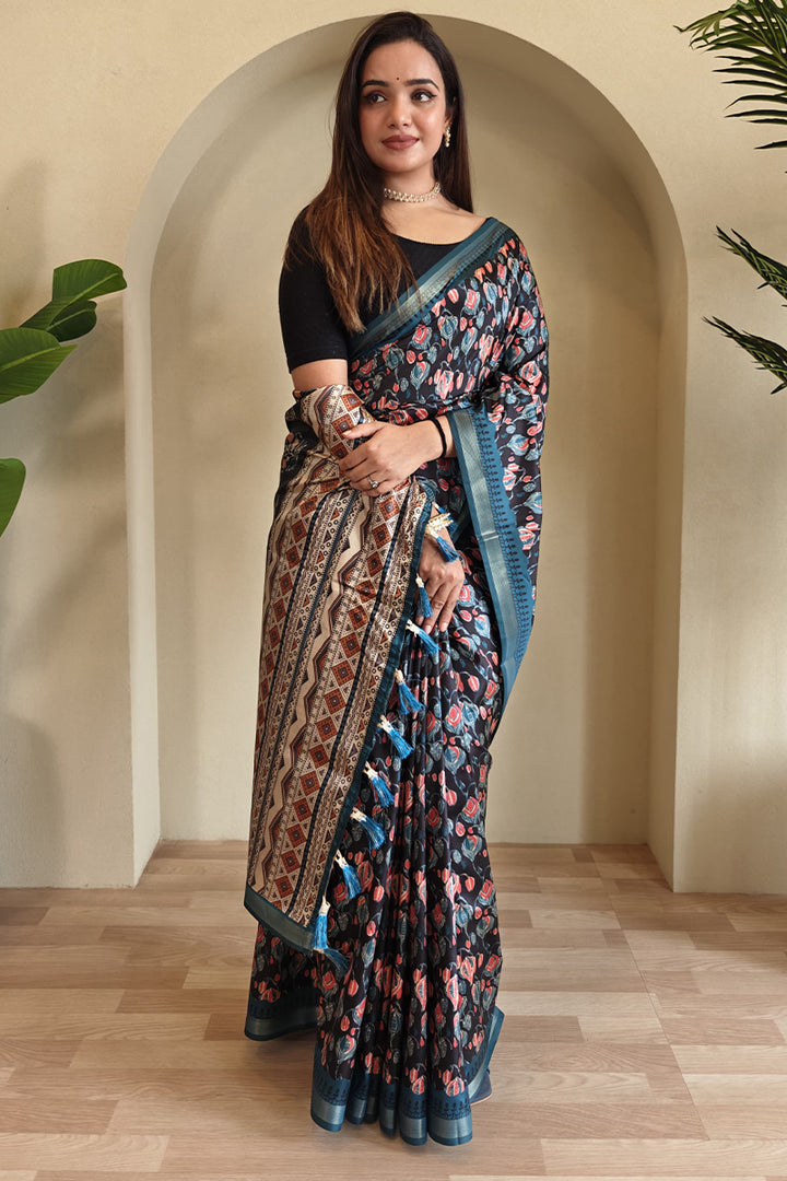Twilight Blue Printed Viscos Dola Silk Saree