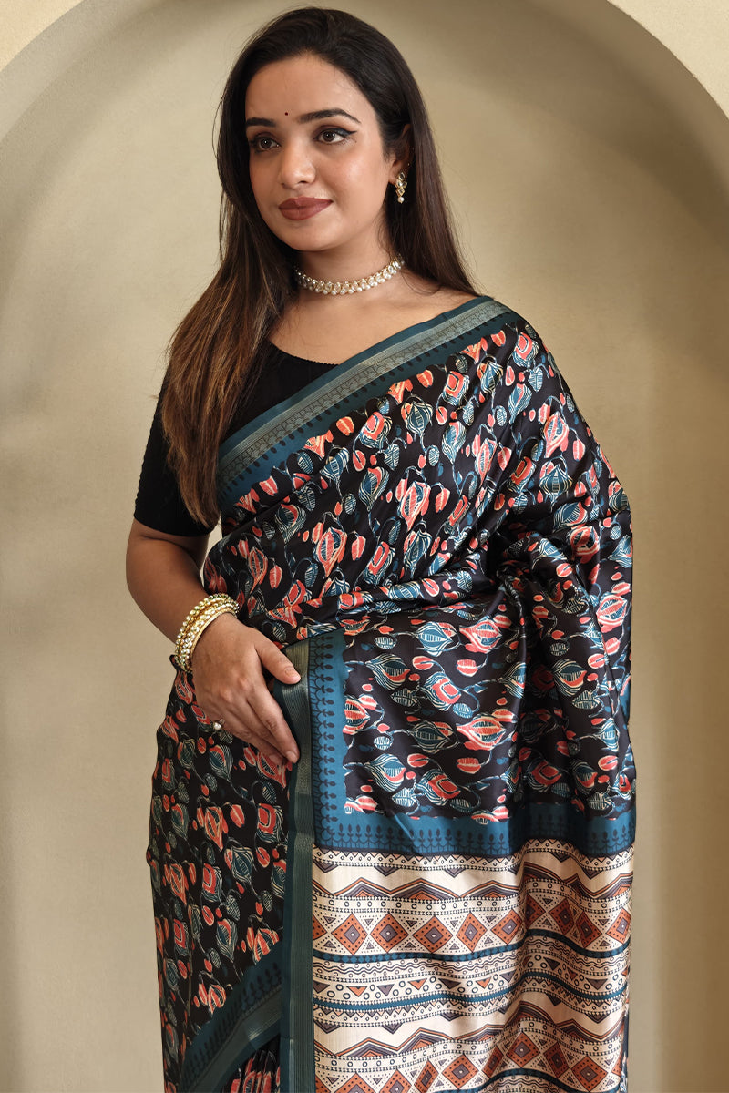 Twilight Blue Printed Viscos Dola Silk Saree