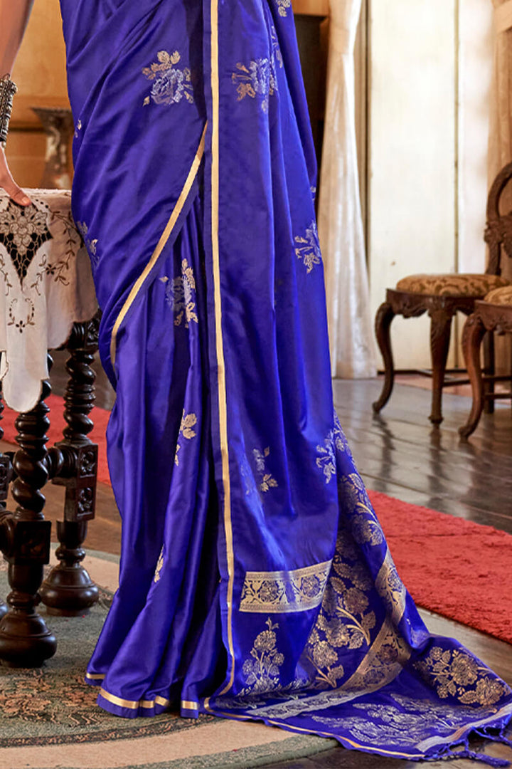 Twilight Blue Zari Woven Banarasi Satin Silk Saree