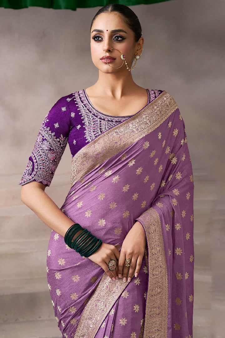 Twilight Lavender Zari Woven Pure Crape Silk Saree with Designer Blouse Piece