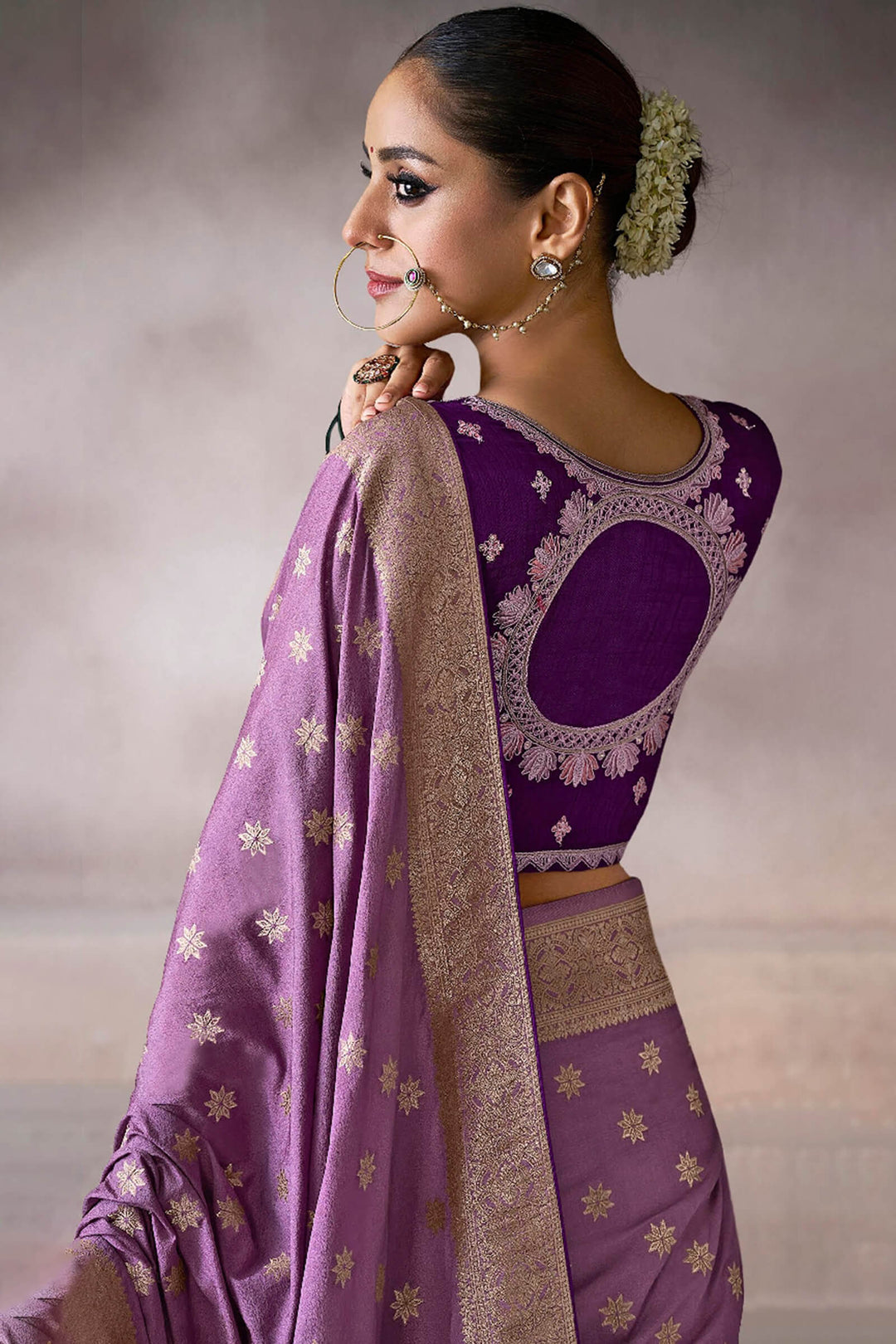 Twilight Lavender Zari Woven Pure Crape Silk Saree with Designer Blouse Piece