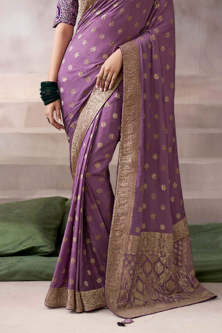 Twilight Lavender Zari Woven Pure Crape Silk Saree with Designer Blouse Piece