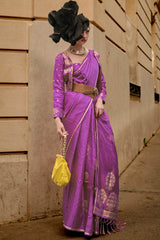 Tyrian Purple Zari Line Banarasi Satin Silk Saree