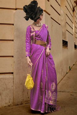 Tyrian Purple Zari Line Banarasi Satin Silk Saree