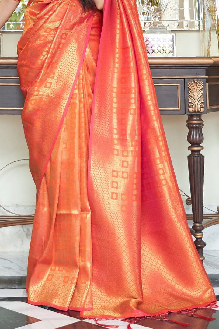 Ultra Deep Peach Kanjivaram Silk Saree