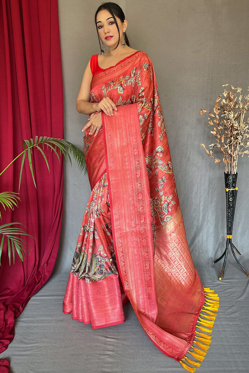 Valentine Red Kalamkari Printed Soft Silk Saree