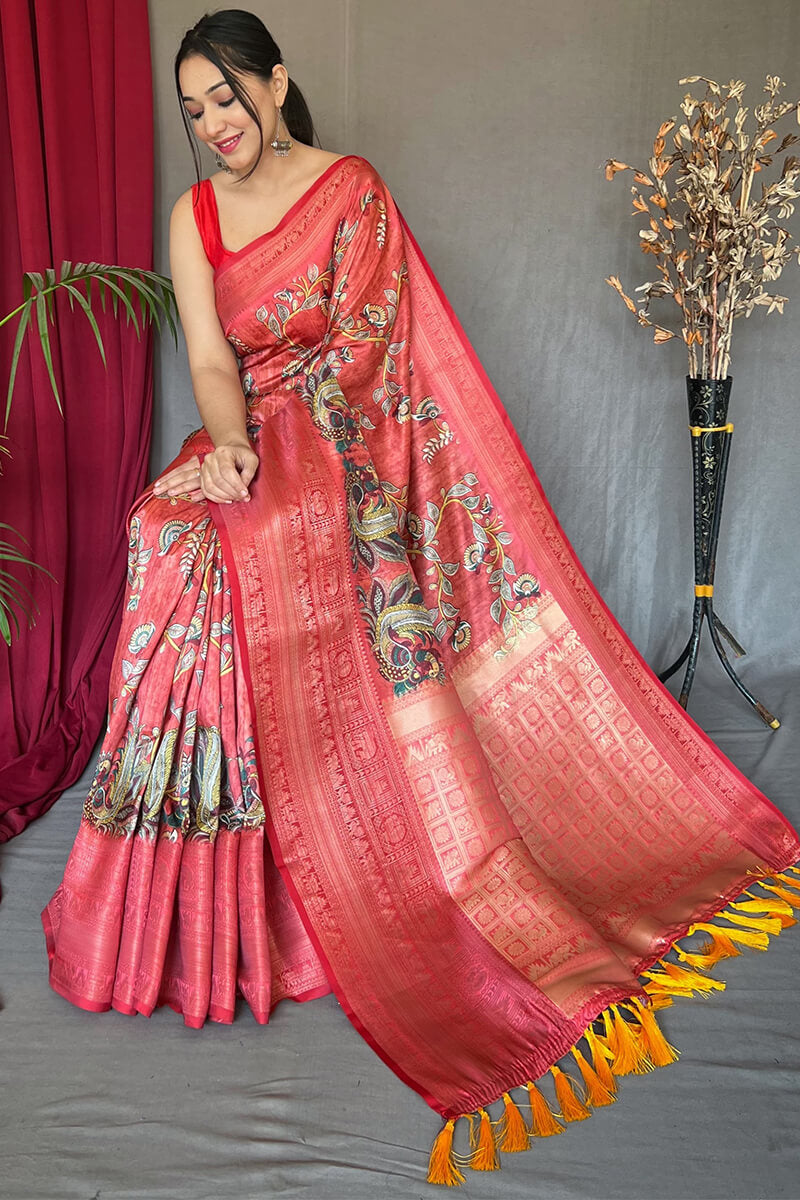 Valentine Red Kalamkari Printed Soft Silk Saree