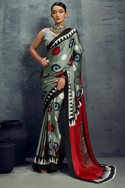 Vampire Grey Ajrakh Printed Satin Crepe Silk Saree