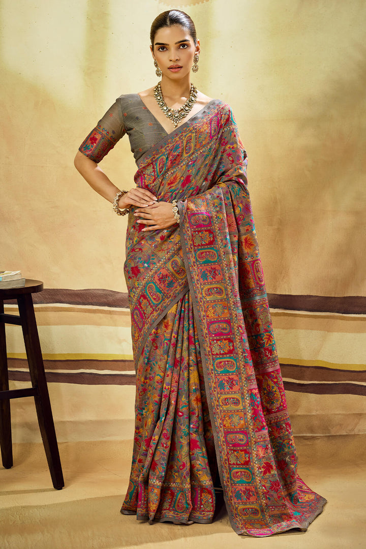 Vampire Grey Kashmiri Modal Pashmina Silk Saree