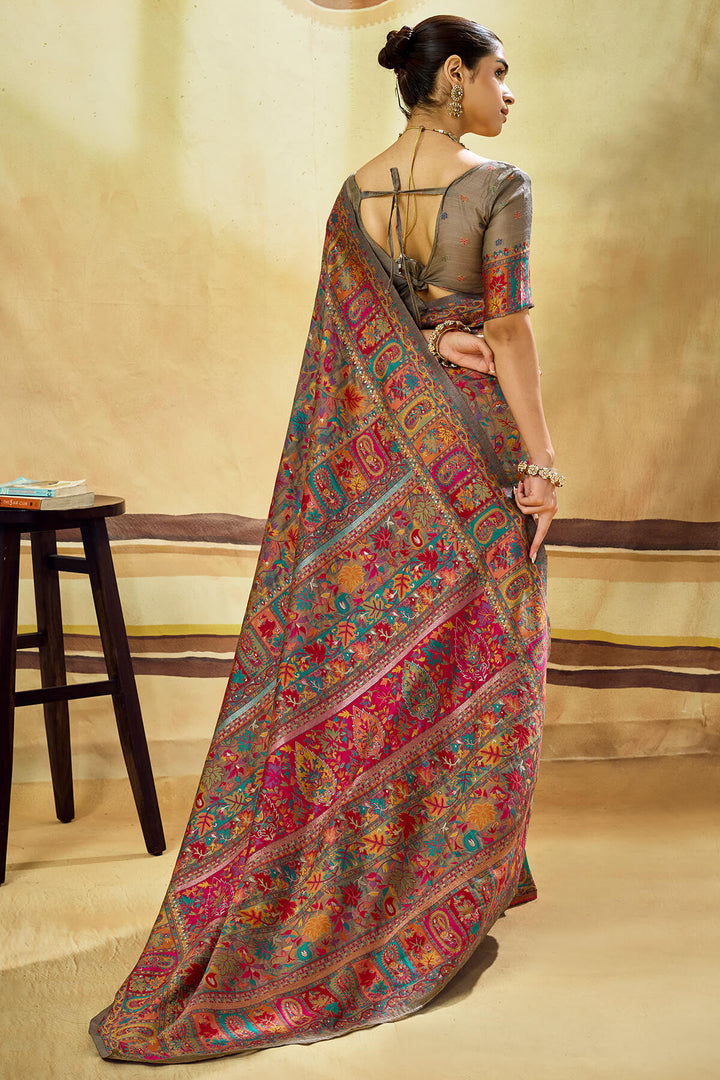 Vampire Grey Kashmiri Modal Pashmina Silk Saree