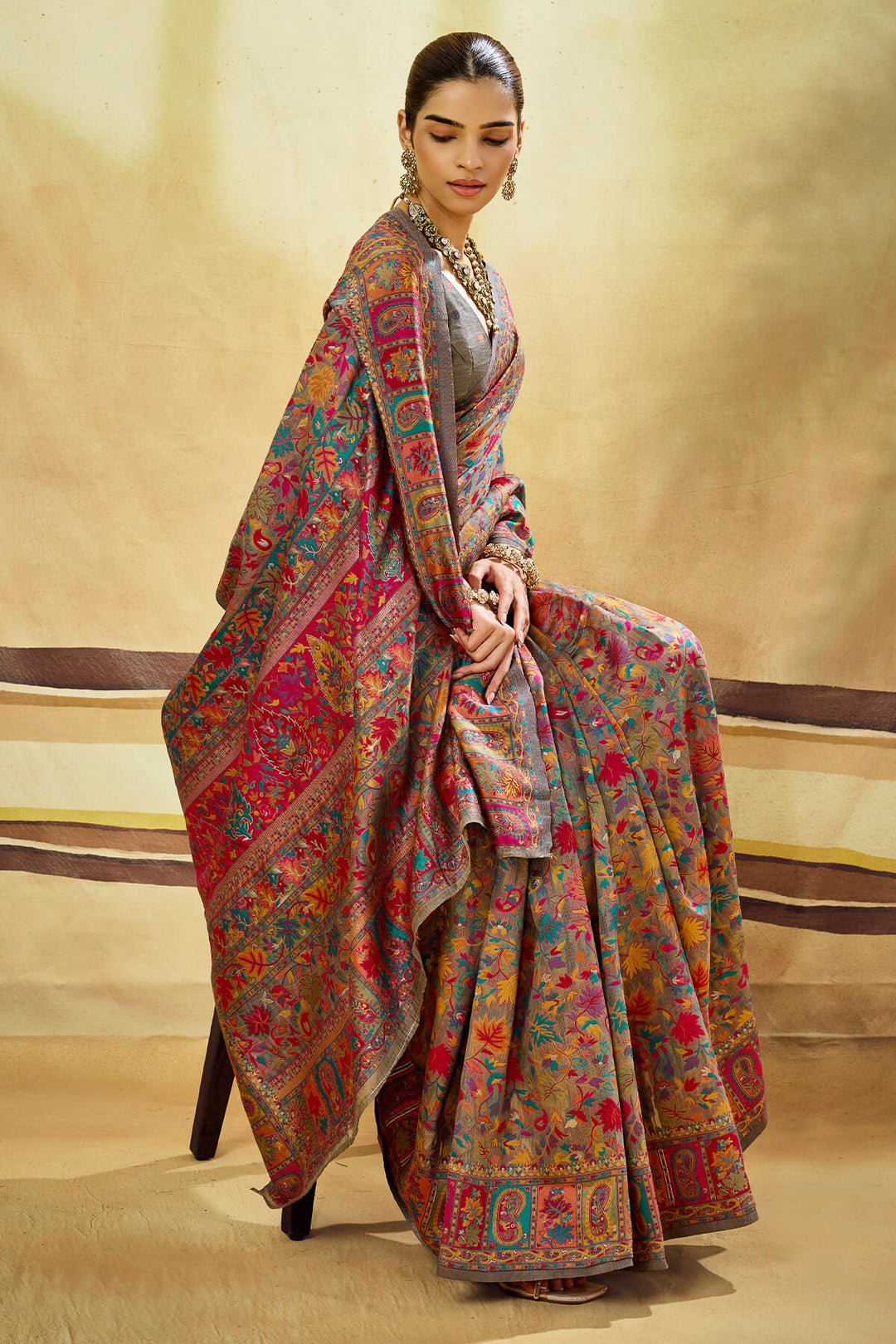 Vampire Grey Kashmiri Modal Pashmina Silk Saree