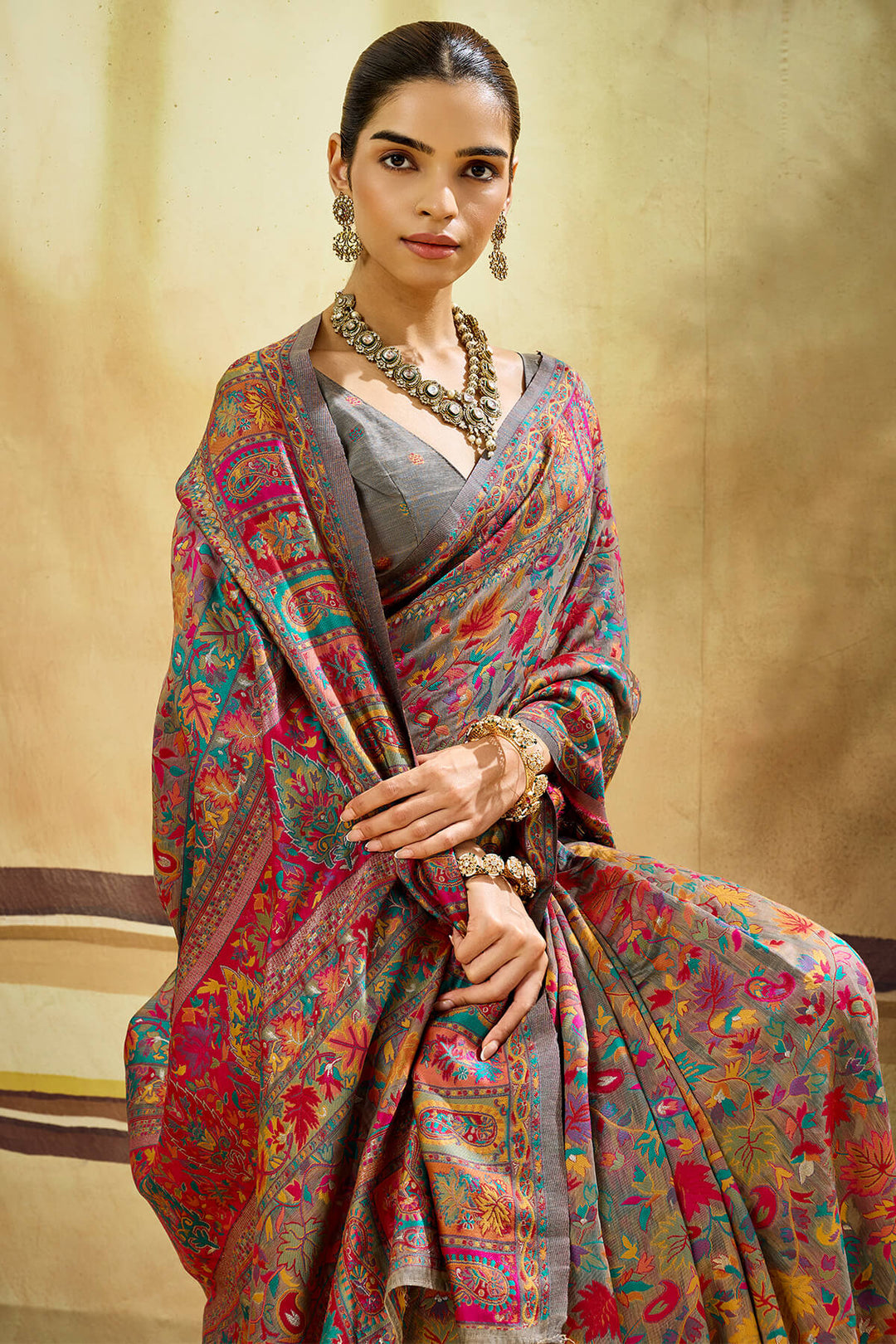 Vampire Grey Kashmiri Modal Pashmina Silk Saree