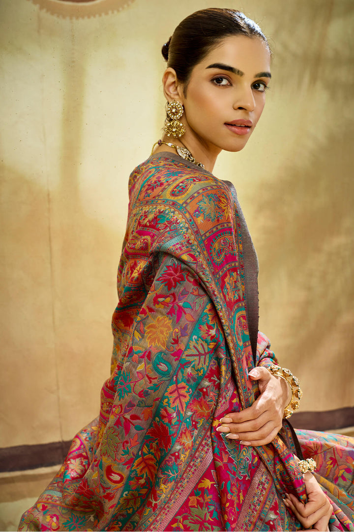 Vampire Grey Kashmiri Modal Pashmina Silk Saree