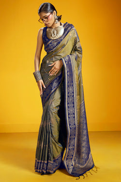 Vampire Grey Zari Handloom Soft Banarasi Silk Saree