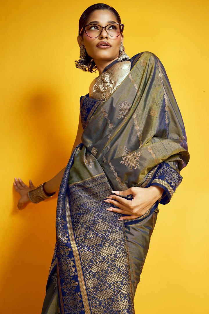 Vampire Grey Zari Handloom Soft Banarasi Silk Saree