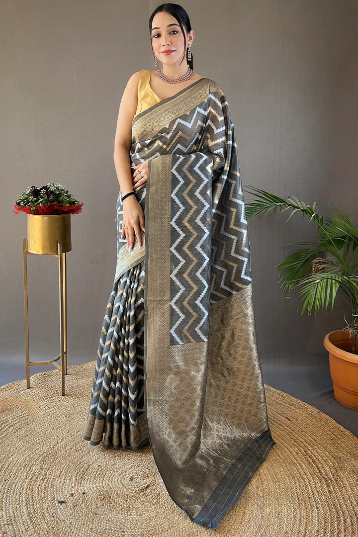 Vampire Grey Zari Woven Linen Cotton Silk Saree