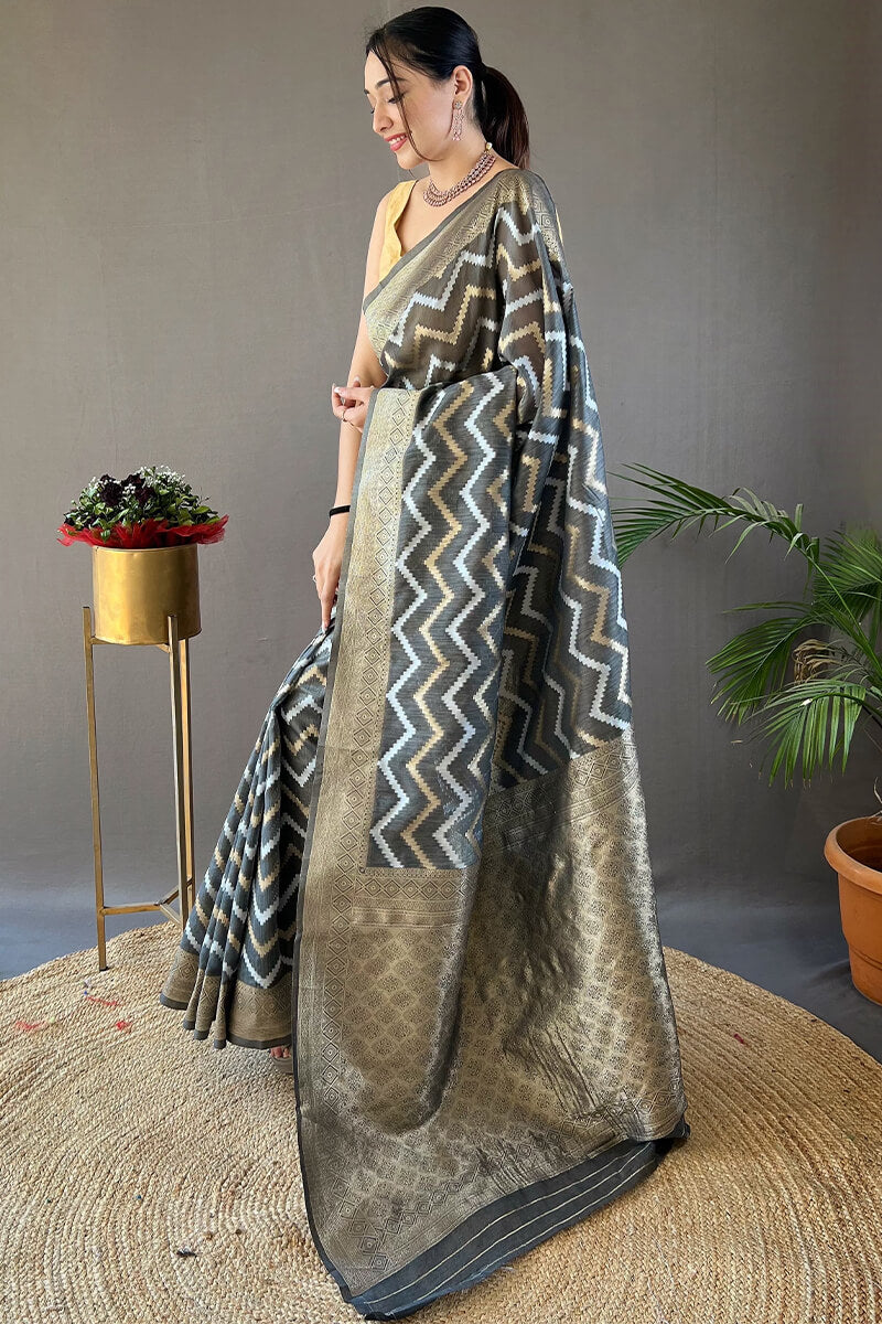 Vampire Grey Zari Woven Linen Cotton Silk Saree