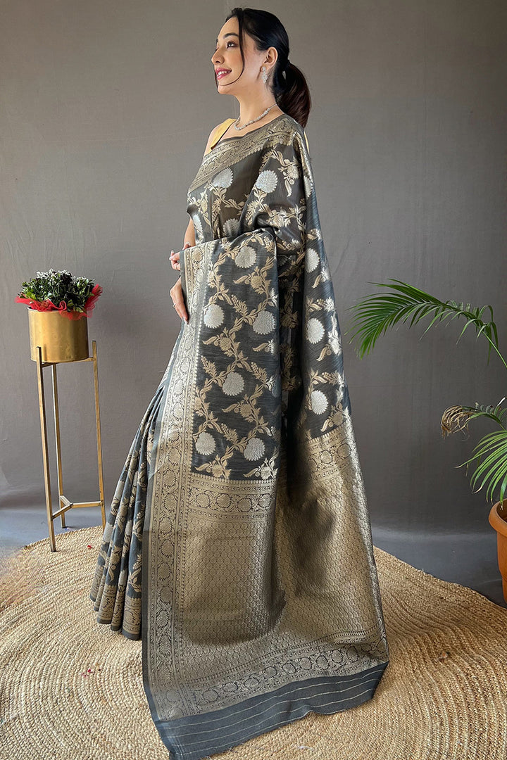 Vampire Grey Zari Woven Linen Silk Saree