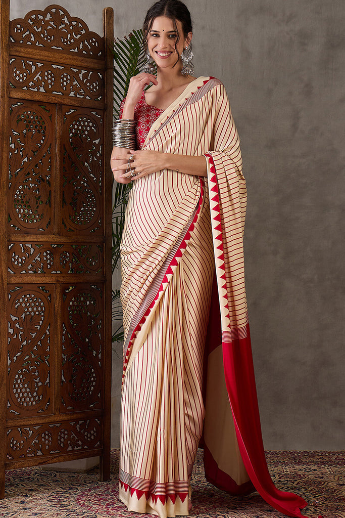 Vanilla Beige Ajrakh Printed Satin Silk Saree