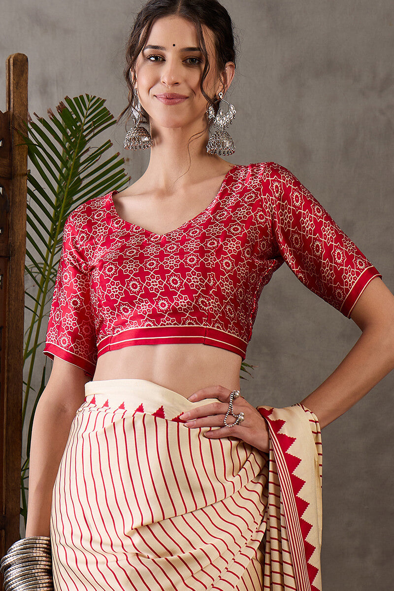 Vanilla Beige Ajrakh Printed Satin Silk Saree