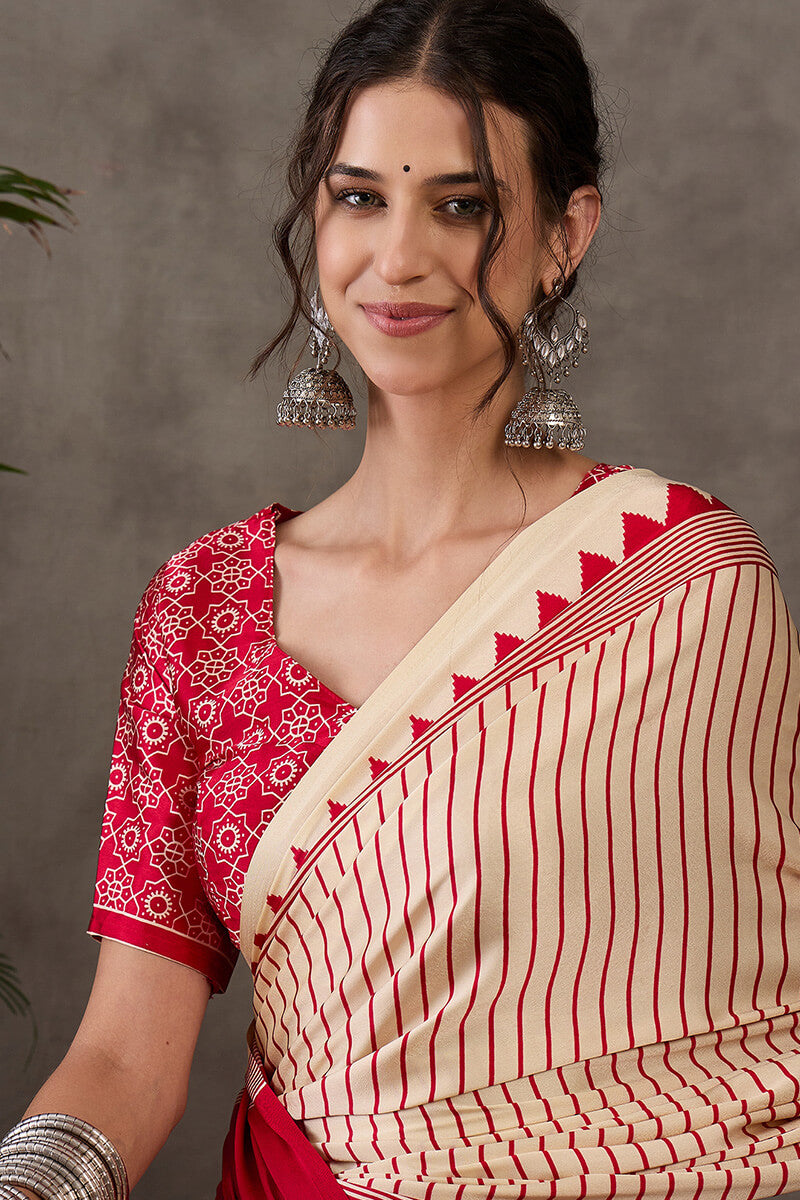 Vanilla Beige Ajrakh Printed Satin Silk Saree