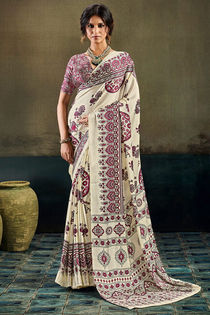Vanilla Beige Ajrakh Printed Semi Modal Satin Silk Saree