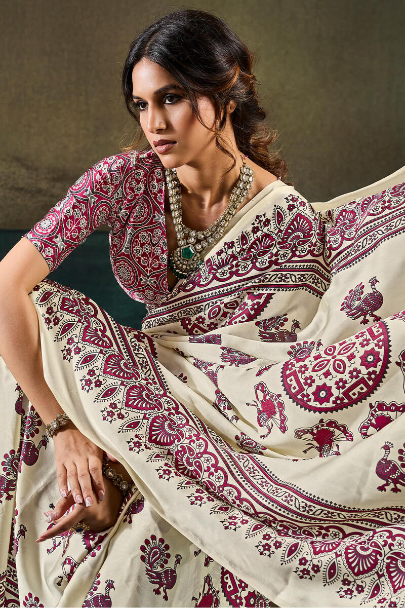 Vanilla Beige Ajrakh Printed Semi Modal Satin Silk Saree