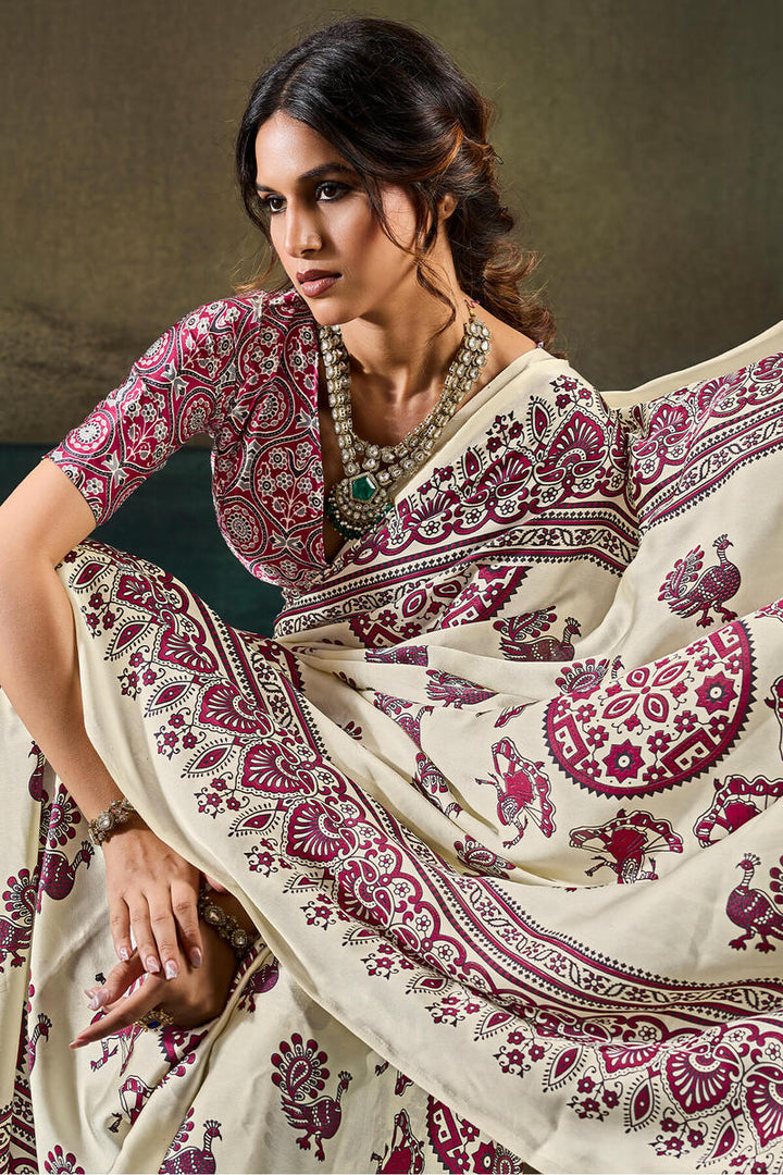 Vanilla Beige Ajrakh Printed Semi Modal Satin Silk Saree
