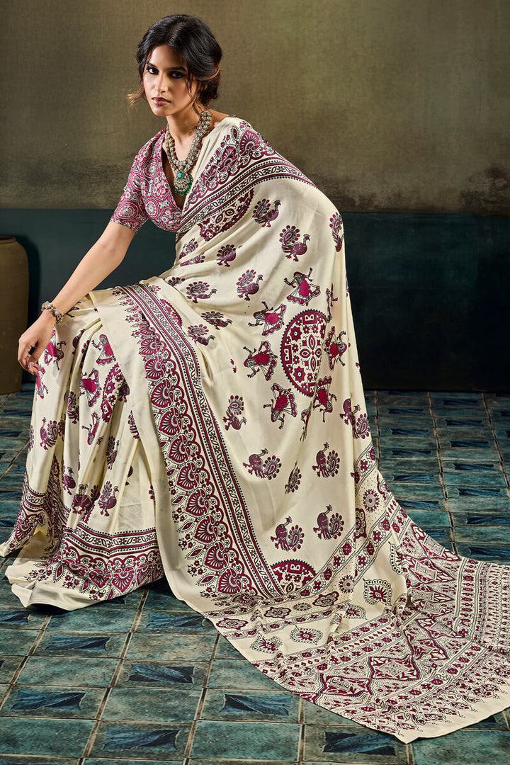 Vanilla Beige Ajrakh Printed Semi Modal Satin Silk Saree