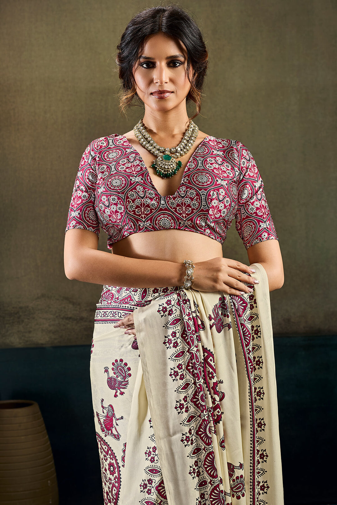 Vanilla Beige Ajrakh Printed Semi Modal Satin Silk Saree