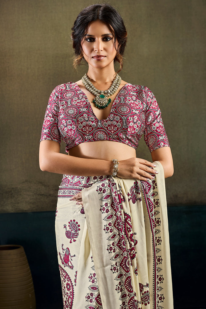 Vanilla Beige Ajrakh Printed Semi Modal Satin Silk Saree
