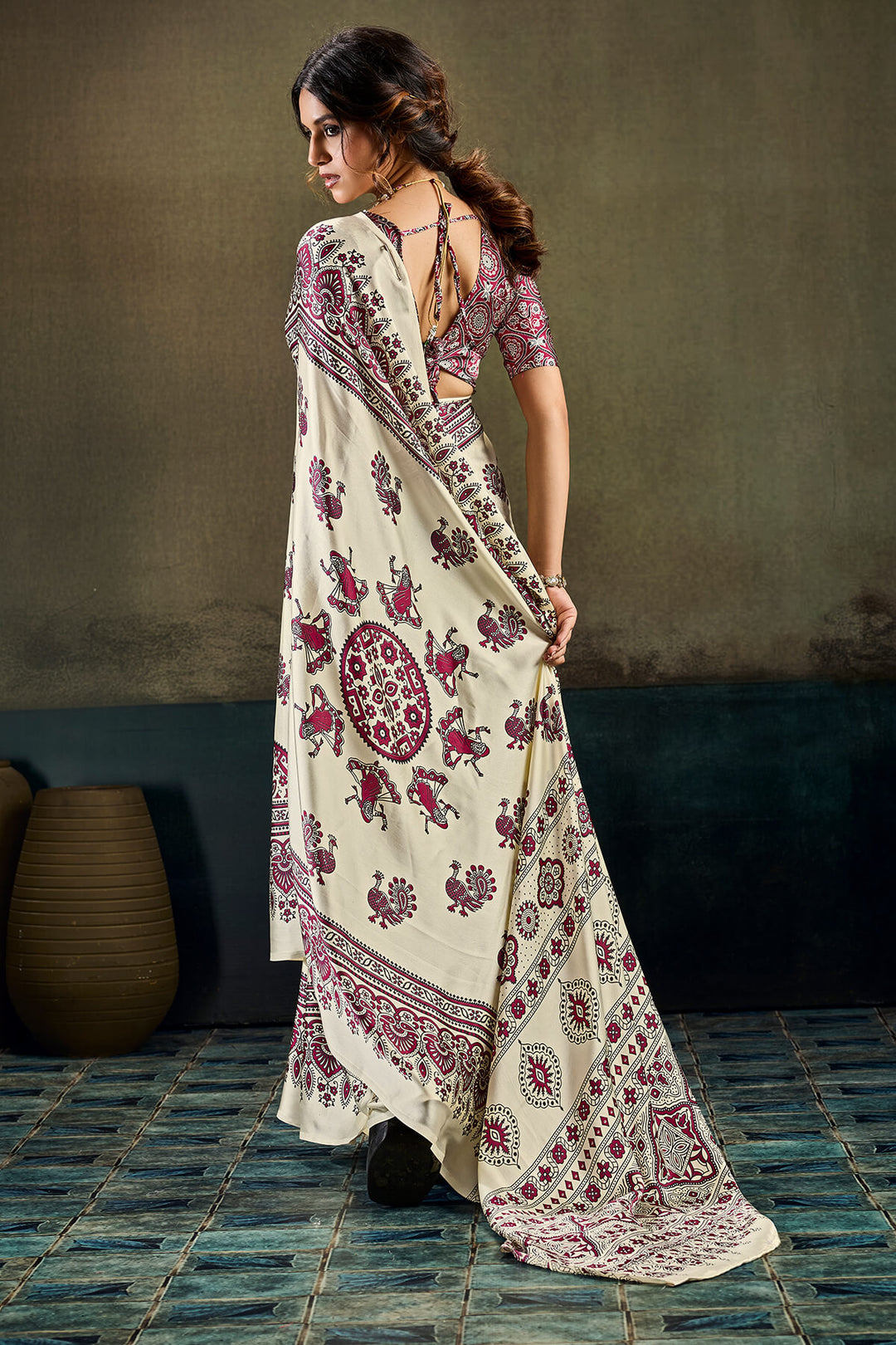 Vanilla Beige Ajrakh Printed Semi Modal Satin Silk Saree