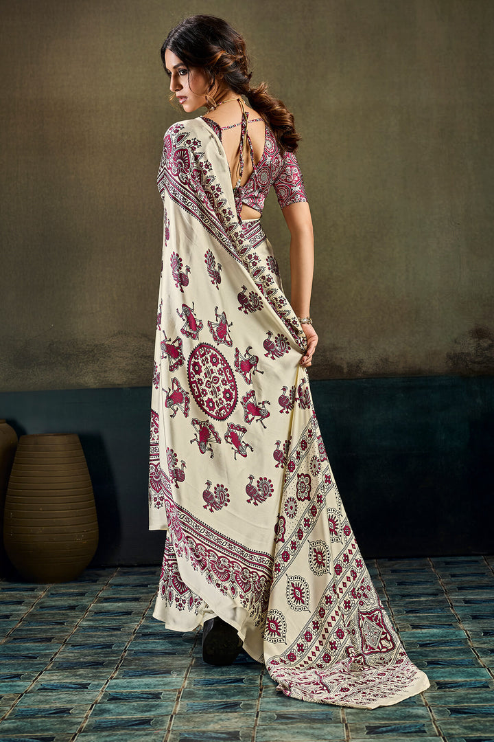Vanilla Beige Ajrakh Printed Semi Modal Satin Silk Saree