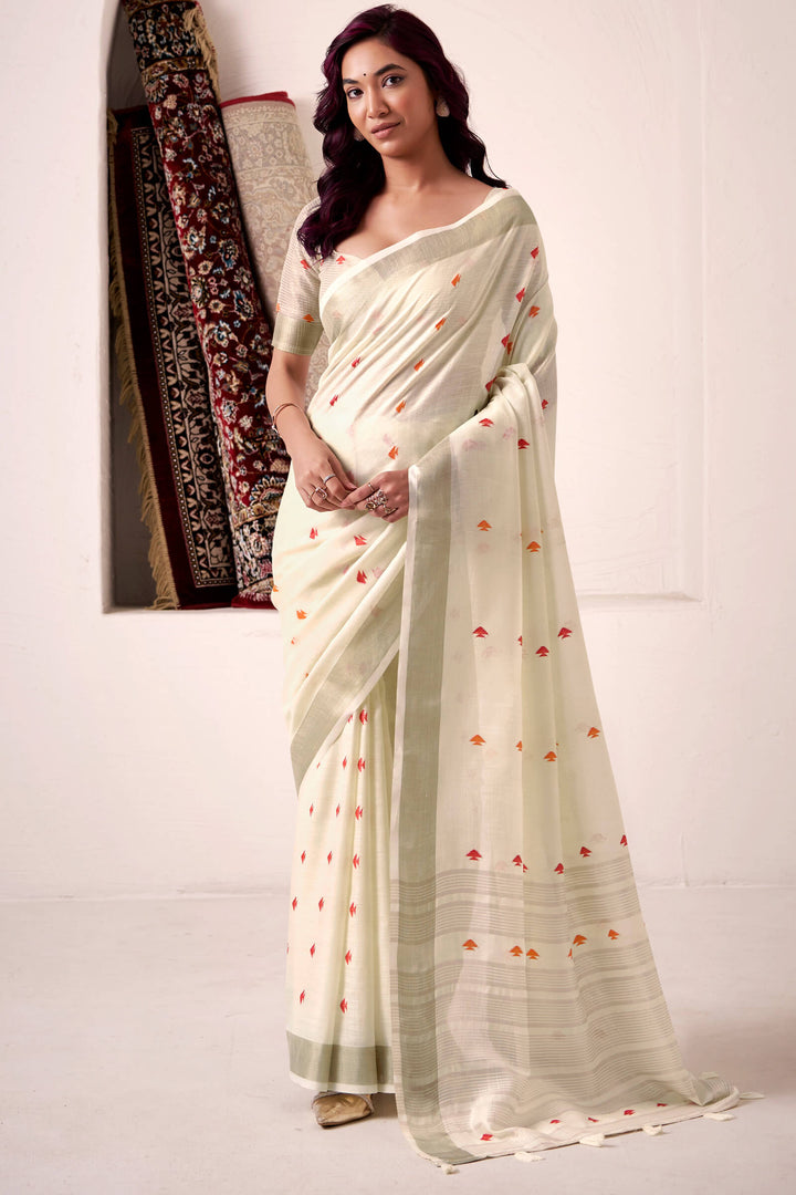 Vanilla Beige Linen Cotton Silk Saree