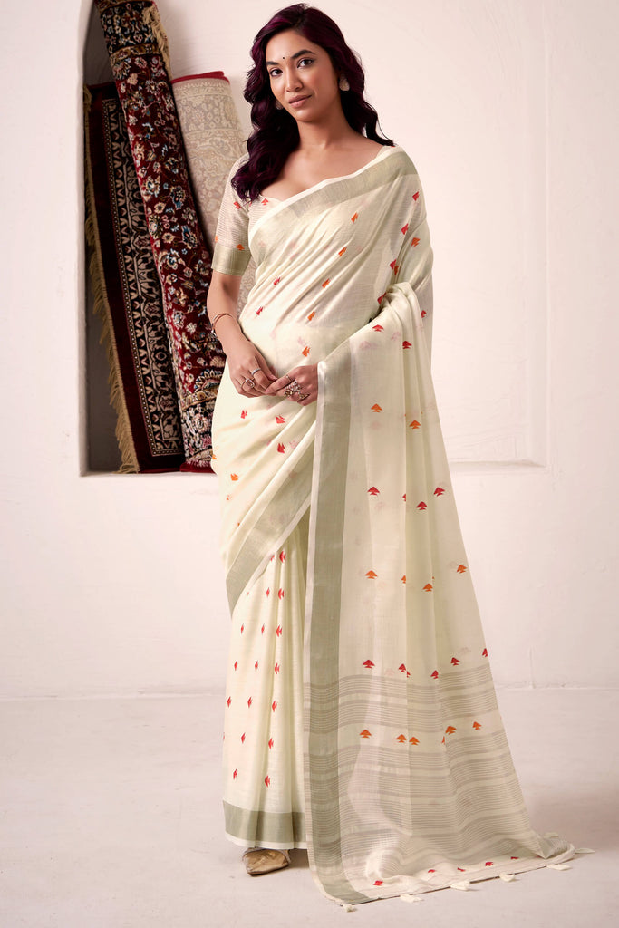 Vanilla Beige Linen Cotton Silk Saree