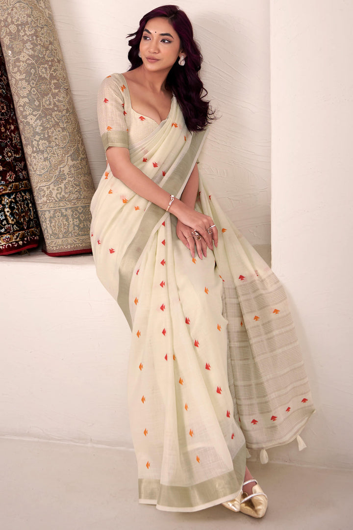 Vanilla Beige Linen Cotton Silk Saree