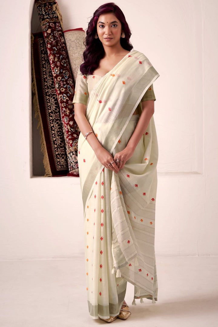 Vanilla Beige Linen Cotton Silk Saree