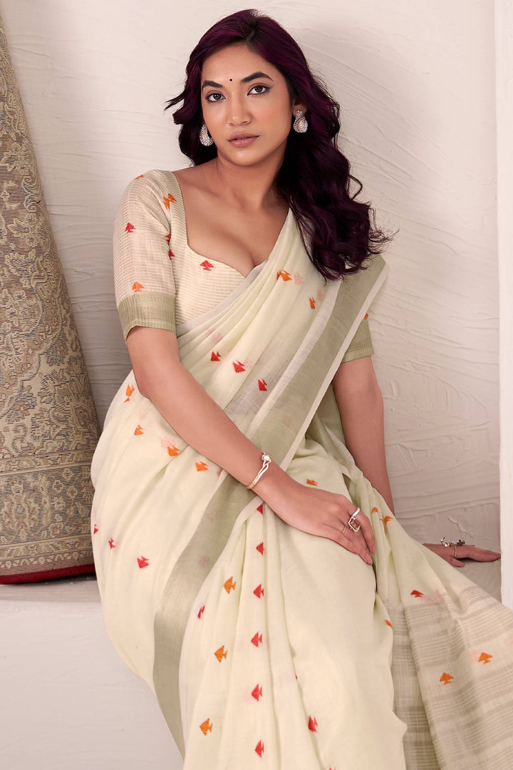 Vanilla Beige Linen Cotton Silk Saree