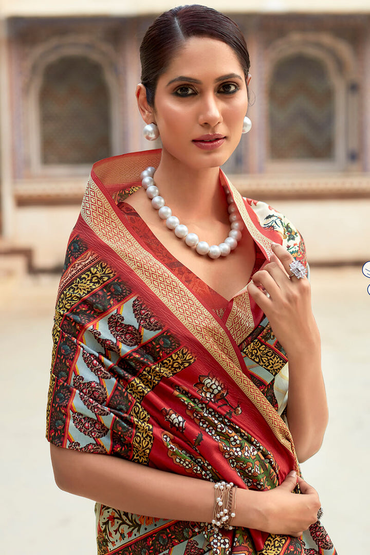 Vanilla Beige Printed Dola Silk Saree