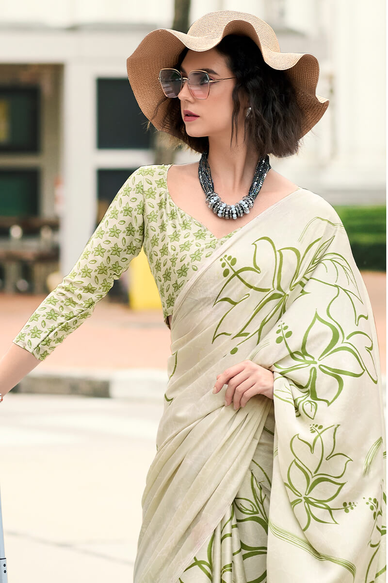 Vanilla Beige Printed Satin Crape Silk Saree