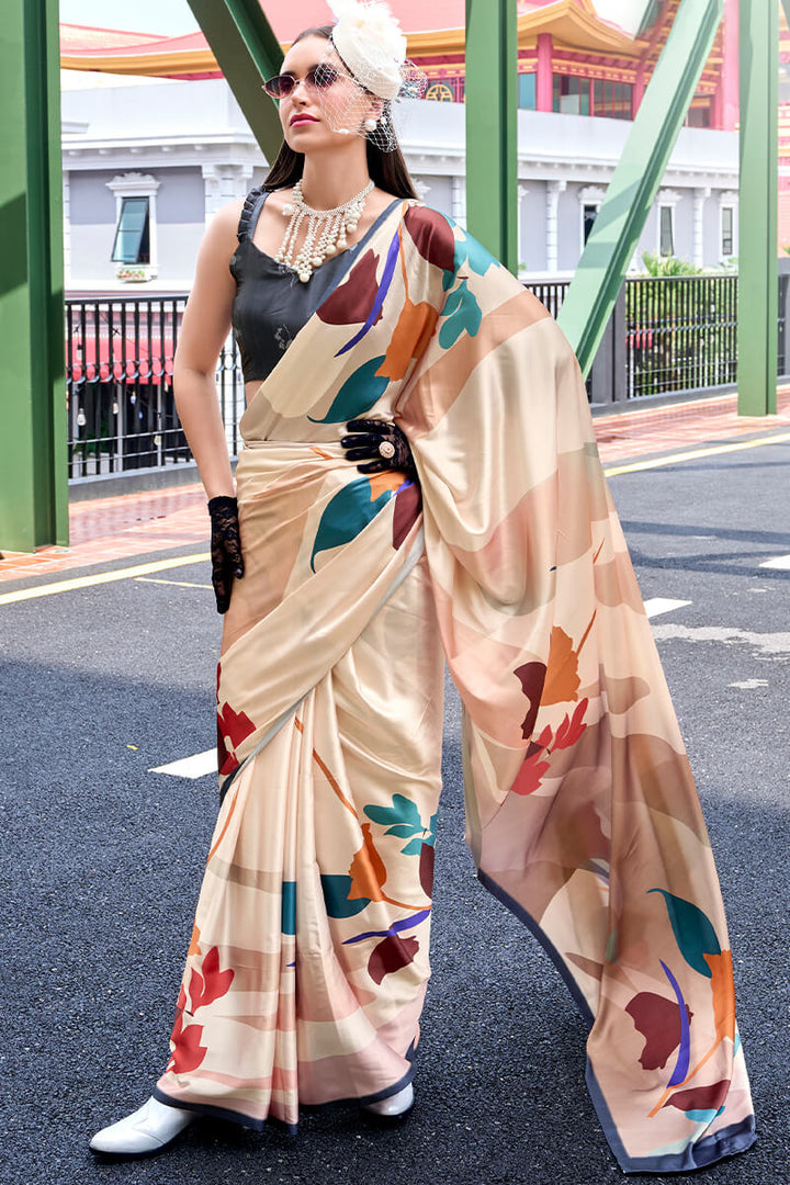 Vanilla Beige Printed Satin Crepe Silk Saree